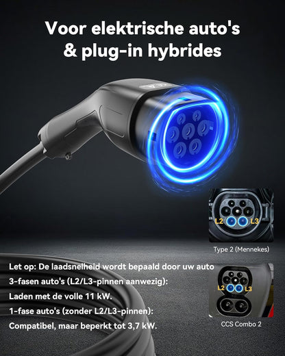 Laadkabel Type 2 – EV-laadkabel – Oplaadkabel Elektrische Auto – Mobiele Lader – Thuislader – 11 kW 3-fase – Instelbare Stroom 6A-16A Met Timer & Vertraging