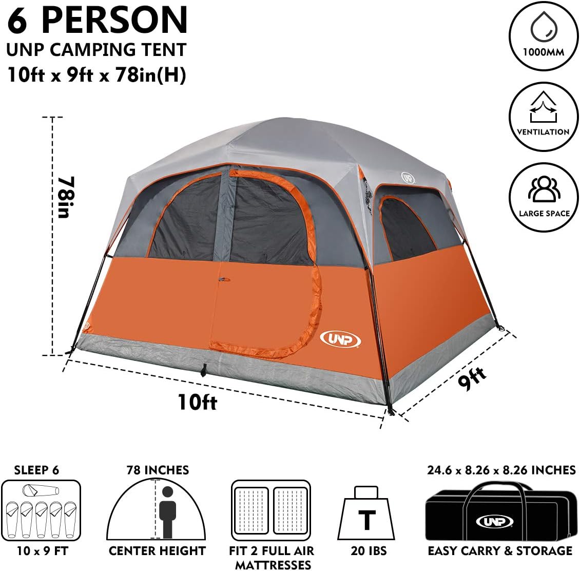 UNP Tenten voor 6 personen, waterdicht, winddicht, eenvoudige montage, dubbellaagse familie-campingtent met 1 netdeur en 5 grote netramen, 3 m x 2,9 m x 2,9 cm x 2,9 cm (H)