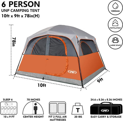 UNP Tenten voor 6 personen, waterdicht, winddicht, eenvoudige montage, dubbellaagse familie-campingtent met 1 netdeur en 5 grote netramen, 3 m x 2,9 m x 2,9 cm x 2,9 cm (H)