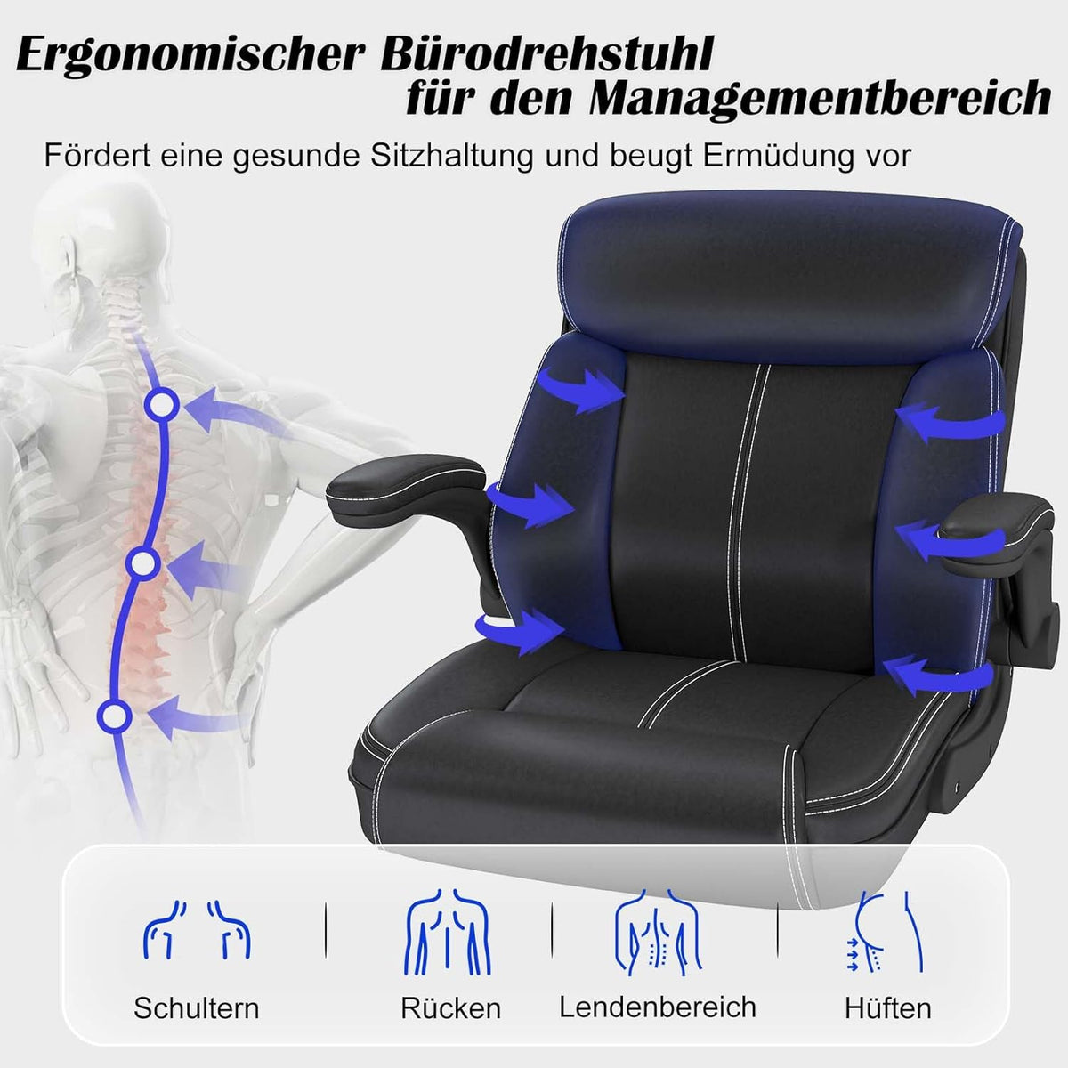 AnyGod Ergonomische Bureaustoel, Directeursstoel van Kunstleer met Opklapbare Armleuningen, Draaistoel Bureaustoel Hoogte Verstelbaar, Draagvermogen 136 kg, voor Thuiswerken en Kantoor
