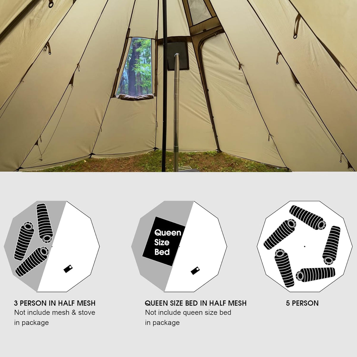 Preself 4~6 Persoon Tipi Hot Tent T3 XL met Schermvenster, Hoogte 8 '6 "2,6 m, Diameter 15' 4,6 m, voor Hout Buring Kachel Bushcraft Familie Camping Jacht Vissen (Tent)