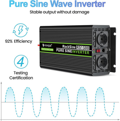 novopal Power omvormer zuivere as 1500 W zuivere sinus DC 24 V in AC 220 V 230 V spanningsomvormer - 2 EU stopcontact met USB-uitgang 5 meter afstandsbediening - piek: 3000 W