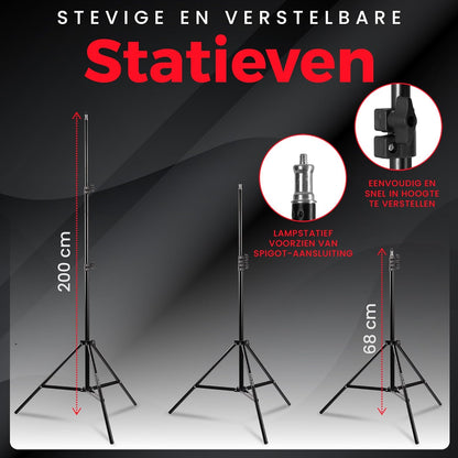 Green screen (3 x 3 m) met Achtergrondsysteem (3 x 2,6 m) - Fotostudio Set - Inc.Wit en Zwart achtergronddoek, Softbox, Paraplu’s, Lamphouders, LED lampen, Reflectiescherm & Draagtas