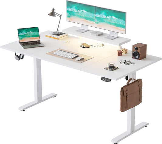 Agilestic Elektrisch in hoogte verstelbaar bureau, 160 x 80 cm, met beweegbare monitorstandaard, led-lichtbalk en USB-aansluiting, staand bureau met 4-delig tafelblad, computertafel, wit