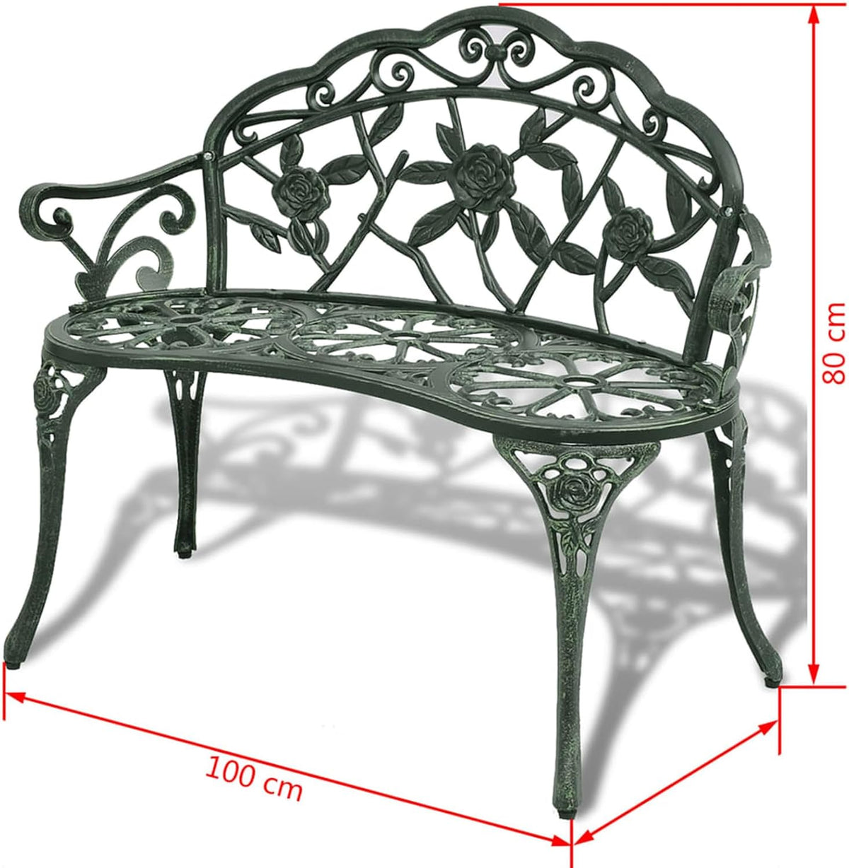 Gecheer Die-cast aluminium garden bench, 100 cm, green, romantic bench for 2 people, weatherproof, stable and elegant, for garden and patio - QUORE