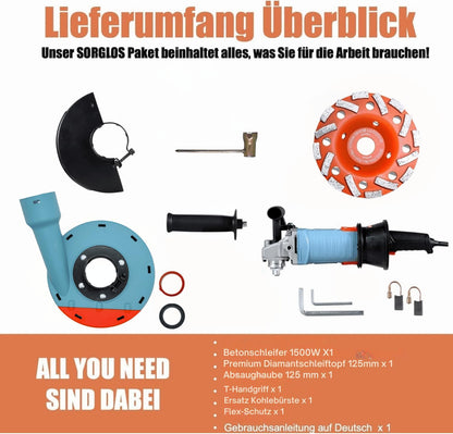 FANZTOOL Betonschuurmachine, 1500 W, instelbare snelheid, met diamantkop 125 mm, zuigkap en T-greep, ideaal voor beton en tegellijm