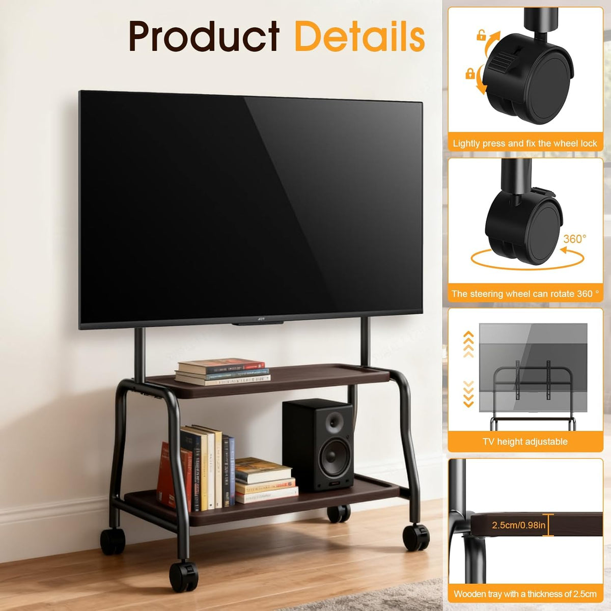 Tv-standaard, oprolbaar voor 32-75 inch televisie tot 50 kg, televisiestandaard op wielen, tv-rolwagen met houten plank, in hoogte verstelbare tv-vloerstandaard, max VESA 600 x 400 mm
