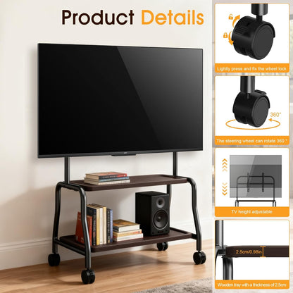 Tv-standaard, oprolbaar voor 32-75 inch televisie tot 50 kg, televisiestandaard op wielen, tv-rolwagen met houten plank, in hoogte verstelbare tv-vloerstandaard, max VESA 600 x 400 mm