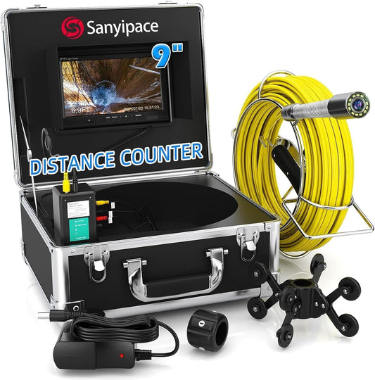 Sanyipace Buiscamera, 30 m, endoscoopcamera met licht, 9 inch scherm, buiscamera met DVR, IP68 waterdicht, industriële endoscoopcamera, afstandenteller, 16 GB SD-kaart