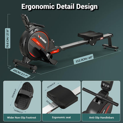 Rowing Machine, Wenoker Magnetic Rowing Machine for Home, 350lbs Weight Capacity, Smooth Whisper Quiet with LCD Monitor Tablet Holder and Comfortable Seat Cushion, Compact and Save Space - QUORE