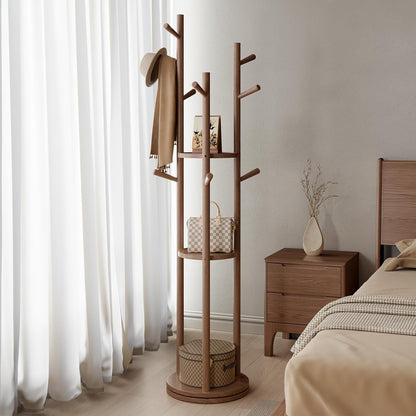 AQIMUELE Kapstok, kledingstandaard, massief hout, draaibare jasstandaard met 3 legplanken en 9 haken, voor hal, slaapkamer (walnoot)