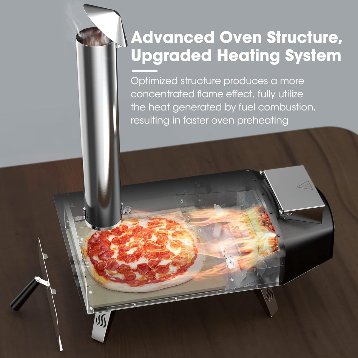 Mimiuo buitenoven op hout en pellets voor in de tuin, klassieke W-oven met zwarte coating, met pizzasteen en opvouwbare pizzaschil.
