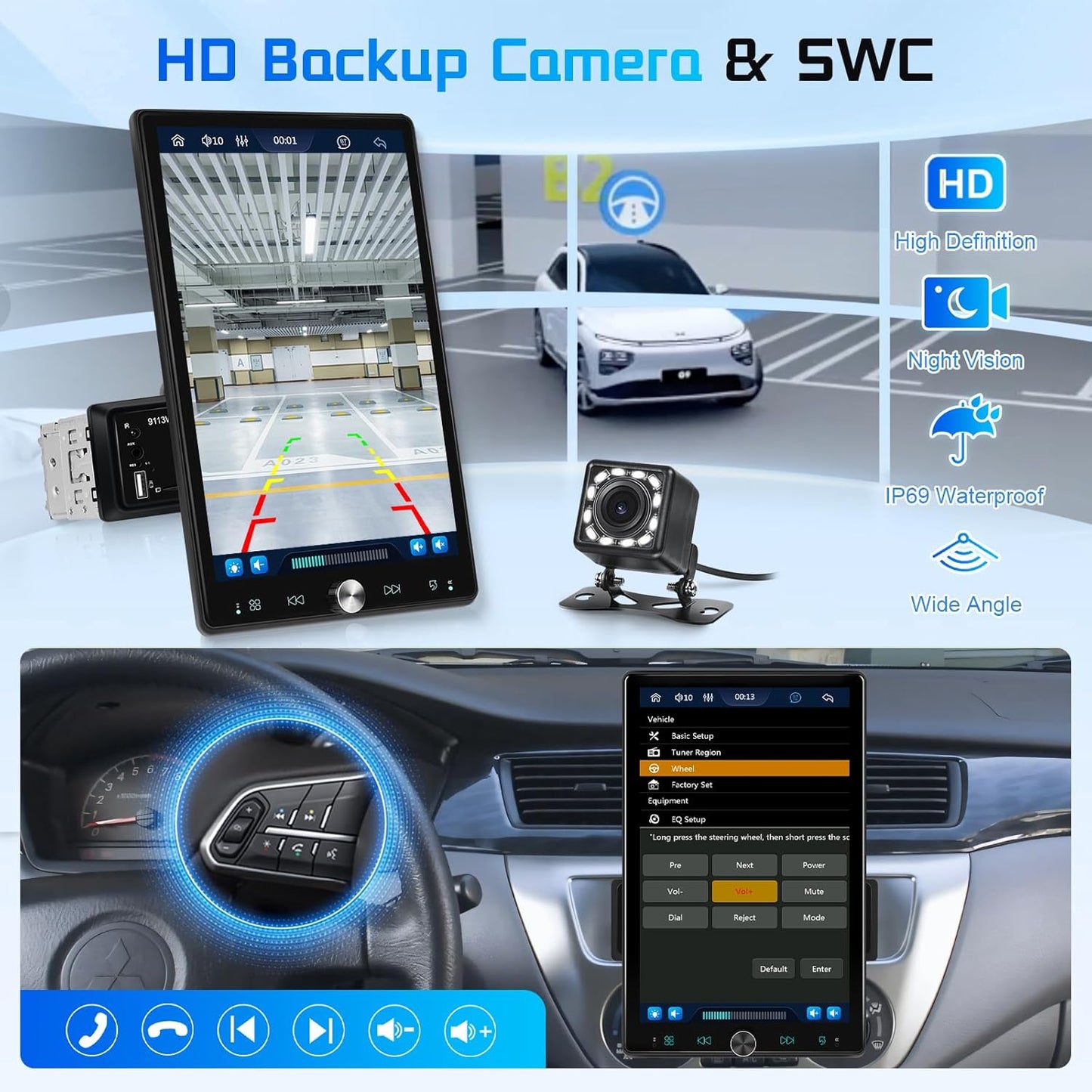 Autoradio, 1 Din met Carplay Android auto, draadloos touchscreen, draaibaar, 10,4 inch stereo, auto, bluetooth radio, FM-spiegel, Link 2 USB-camera