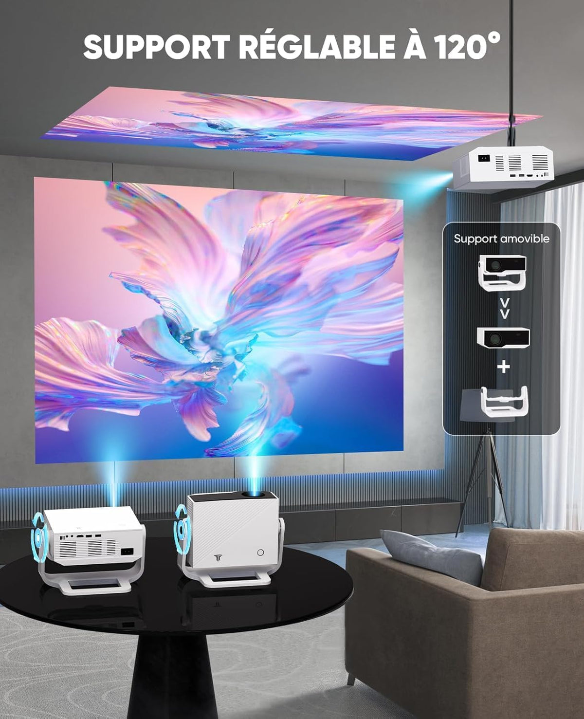 Intelligente videoprojector Wielio Android 11, FHD 1080p compatibel met 4K, WiFi6 & BT5.2, 28.000 lumen, ondersteuning 120 graden verstelbaar, elektronische focus, trapeziumcorrectie voor iOS/Android