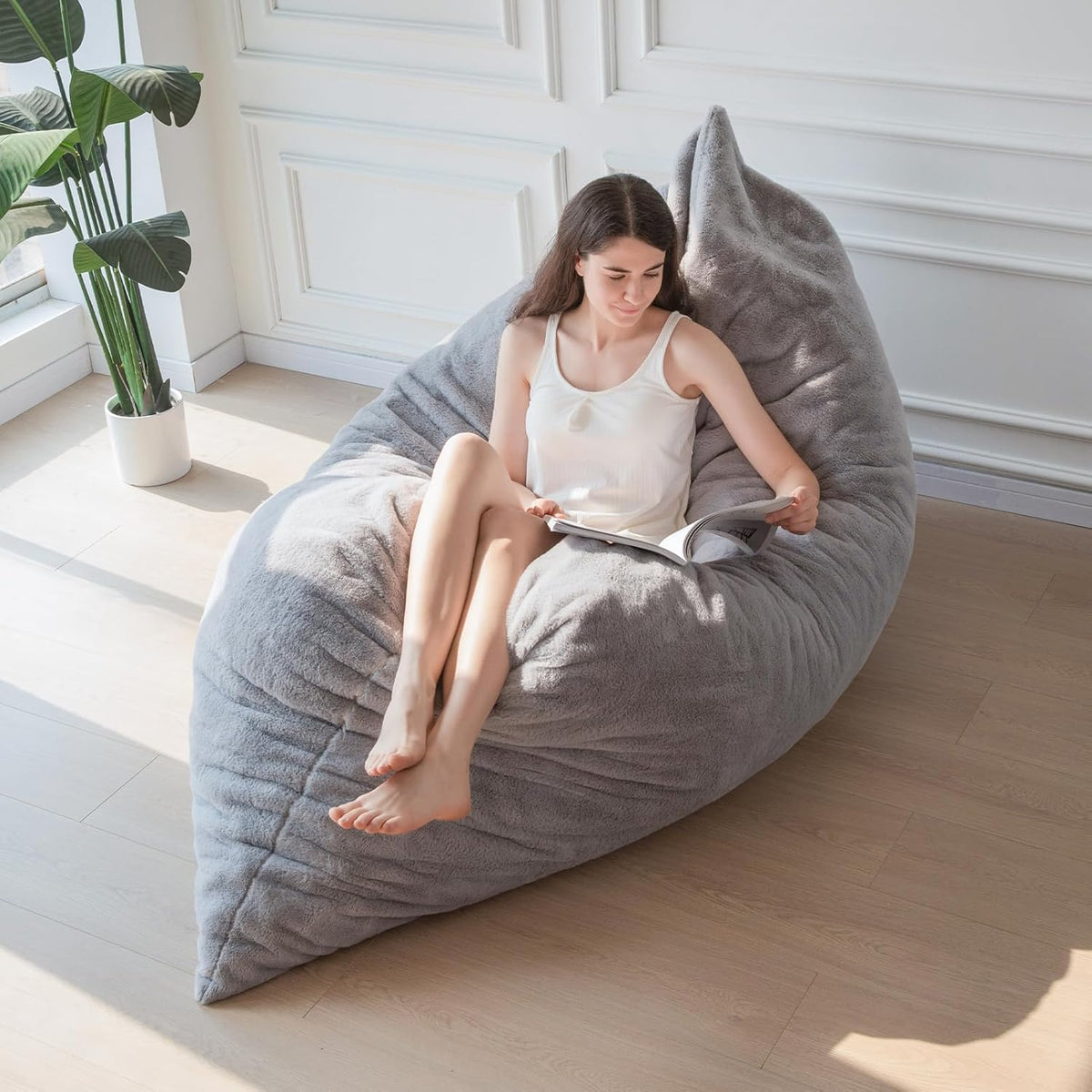 MAXYOYO Huge Bean Bag Bed, Square Bean Bag Chair, Large Sofa with Plush Cover and Fluffy Filling for Adults Couples Guests (Grey, 135x190cm)