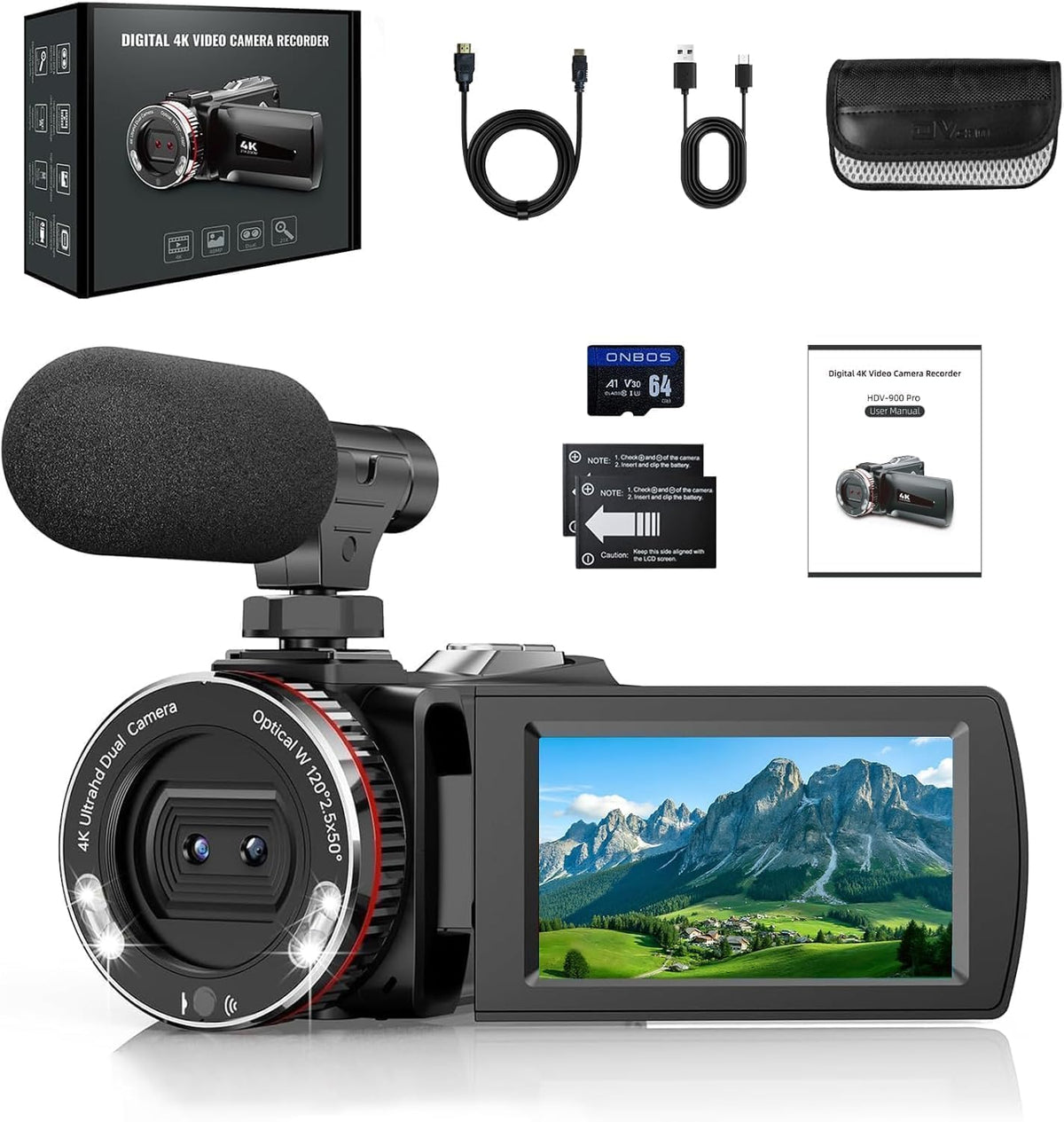 Videocamera 4K – Camcorder – Vlogcamera – Vloggingcamera – YouTube Camera – 64 GB Kaart – 3,0 Inch 270° Draaibaar Scherm