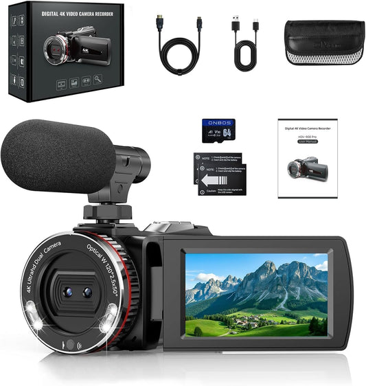 Videocamera 4K – Camcorder – Vlogcamera – Vloggingcamera – YouTube Camera – 64 GB Kaart – 3,0 Inch 270° Draaibaar Scherm