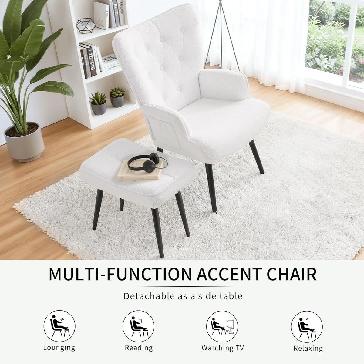 Fauteuil – Relaxstoel – Loungefauteuil – Leunstoel – Wit Teddy Stof – Ergonomisch Vleugelontwerp – Belastbaar Tot 168 kg