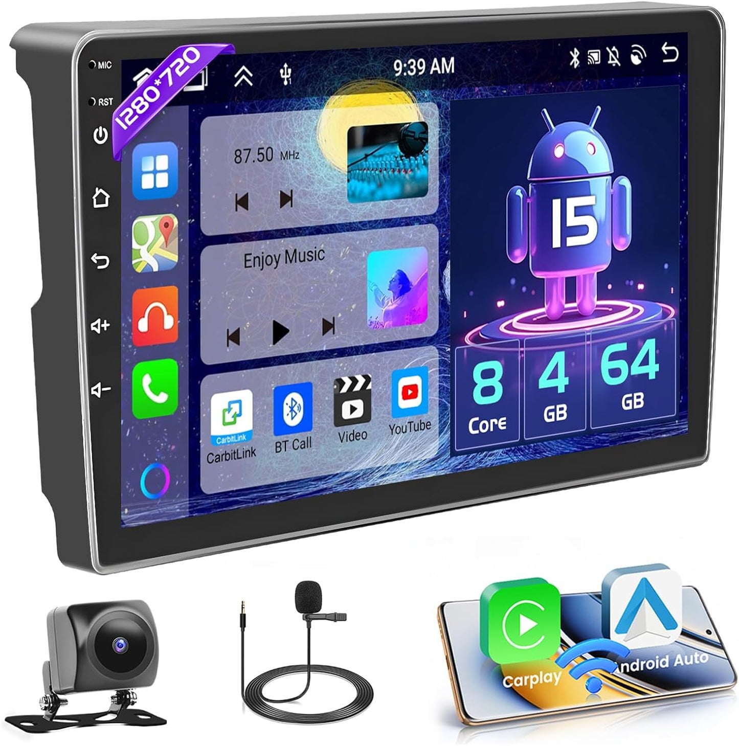 Android 15 Autoradio – Multimedia Systeem – Navigatie Unit – Touchscreen Radio – Bluetooth Autoradio – 9" IPS Scherm – 8-Core 4GB RAM 64GB Opslag