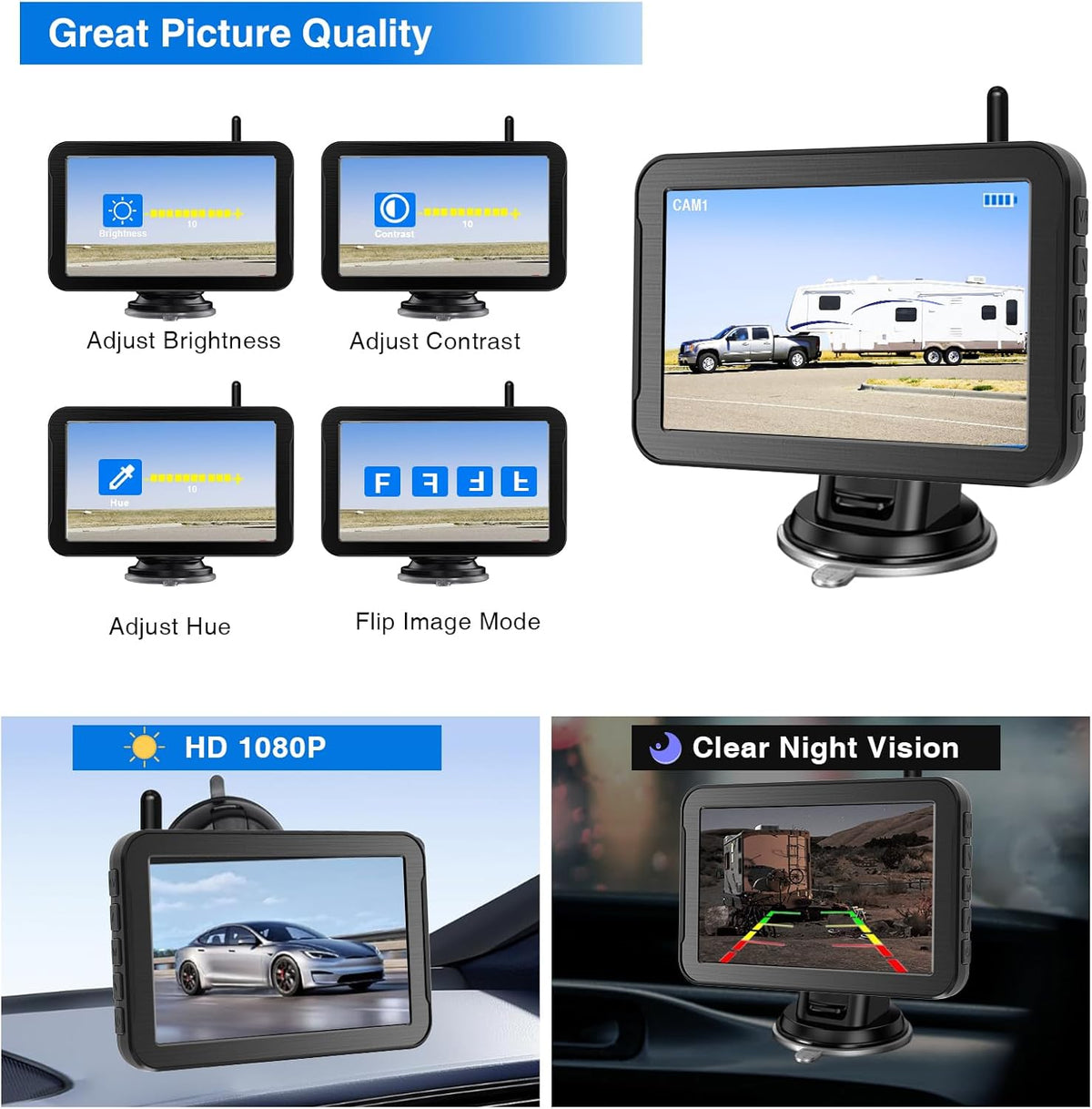 PARKVISION Achteruitrijcamera Draadloos 5 inch met Zonne-energie - 5000mAh Accu, FHD Monitor, 2.4 GHz, Geschikt voor Auto's en Campers