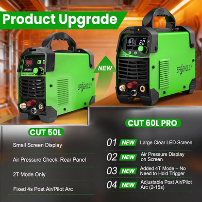 CUT60L PRO Upgrade 60A IGBT Plasmasnijder 240V contactloos 2T/4T - Max. 16mm stalen snijvermogen, digitaal LED-display, gemakkelijk draagbaar