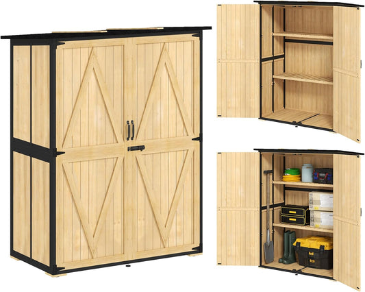 Outsunny Gartenschrank, Geräteschuppen aus Holz, Wetterfest Geräteschrank mit 2 Türen, Regale, Werkzeughaus mit Asphaltdach, Werkzeugschrank für Garten, Terrasse, 140 x 74 x 173 cm, Naturholz - QUORE