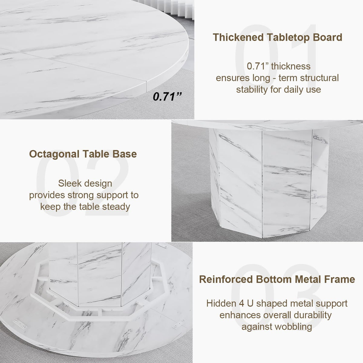 HSH Ronde eettafel voor 4-6 personen, alleen witte faux marmeren eettafel, moderne cirkel keukentafel voor thuis woonkamer, industriële houten eettafel met achthoekige basis, wit marmer, 120 cm - QUORE
