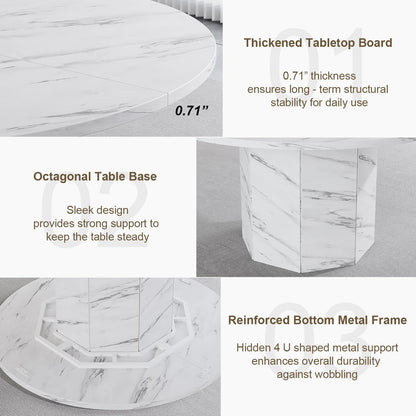 HSH Ronde eettafel voor 4-6 personen, alleen witte faux marmeren eettafel, moderne cirkel keukentafel voor thuis woonkamer, industriële houten eettafel met achthoekige basis, wit marmer, 120 cm - QUORE