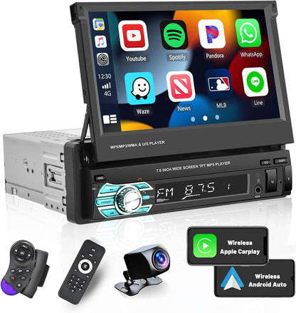 Hikity 1 DIN autoradio Bluetooth met CarPlay en Android-auto, 7 Inch Handmatig Uitschuifbaar Display, Touchscreen Autoradio met achteruitrijcamera, BT, FM, USB, TFM, AUX, Mirror Link