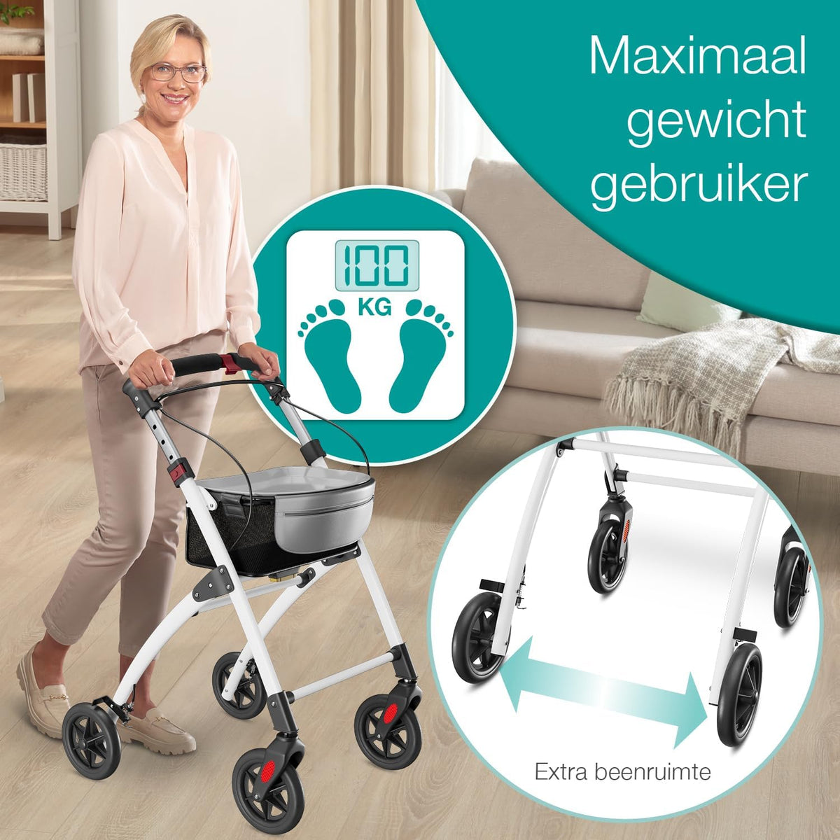 ELONEO Lichtgewicht Rollator voor Binnen - 54 cm Breed, Opvouwbaar Looprek met Dienblad en Stoffen Mandje, Smalle Rollator van Aluminium, Inklapbaar Mobiliteitshulpmiddel, Wit