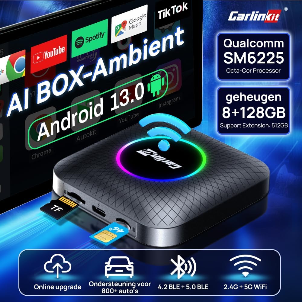 Draadloze CarPlay Adapter – Android Auto Interface – AIBox Module – Auto Multimedia Adapter – Bedrade CarPlay Upgrade – 8GB RAM + 128GB Opslag – Android 13.0 Systeem