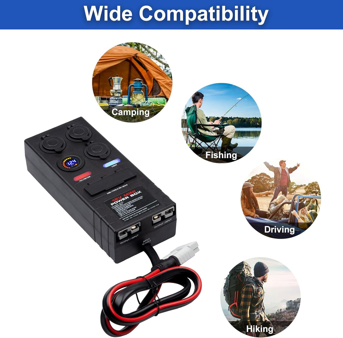 Mini Power Distribution Box 12V DC Batterij Socket Max. 50A Stroom met 2 x Anderson, 6 x USB & 3 x Cig Sockets, Mini Batterij Box voor Outdoor RV Camping Vissen Noodgevallen
