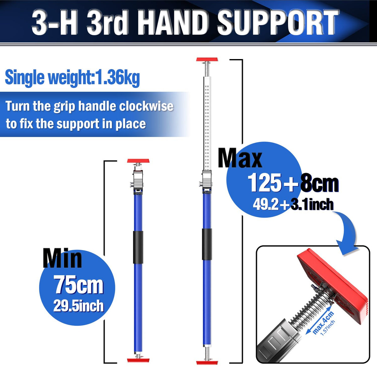 3-H 4 x montagesteunen, klembalken, 75-133 cm, in hoogte verstelbare telescopische steunen, deurspanner, framespanner, eenhandssteun tot 50 kg, ladingbeveiliging, zekeringsstang, plaatlift, spanstang