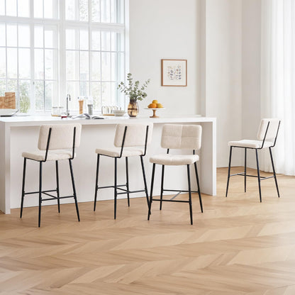 MEUBLE COSY Set van 4 barkrukken, hoge kruk met rugleuning en voetensteun, gevoerde keukenstoel met bouclé-stof, voor toonbank, eetkamer en huis, beige
