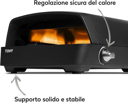 BURNHARD Tony Pizzaoven op gas, 450 °C, draagbare outdoor pizzaoven, 5,9 kW (58,5 x 47,7 x 24,8 cm), met cordieriet vuurvaste steen voor terras, balkon, tuin