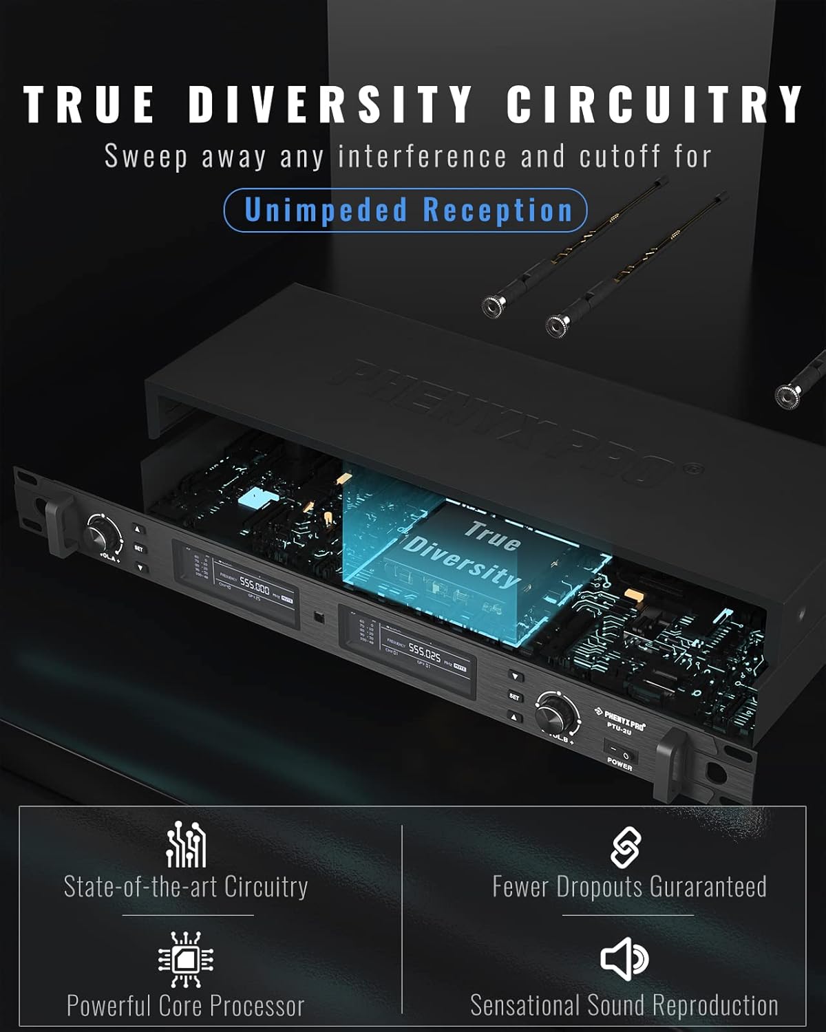 Phenyx Pro Draadloos microfoonsysteem, True Diversity Dual Draadloze Microfoonset, Professionele UHF Handheld Draadloze Microfoons met Auto Scan, 2x1000 Kanalen, 320 ft voor Podium & Studio (PTU-2U)
