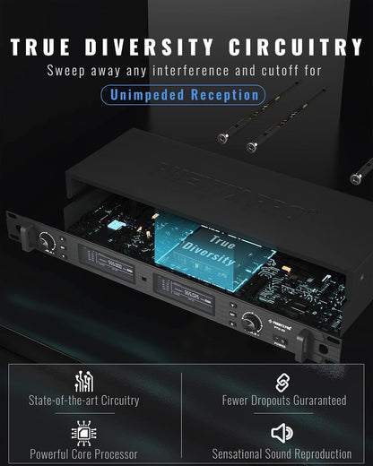 Phenyx Pro Draadloos microfoonsysteem, True Diversity Dual Draadloze Microfoonset, Professionele UHF Handheld Draadloze Microfoons met Auto Scan, 2x1000 Kanalen, 320 ft voor Podium & Studio (PTU-2U)