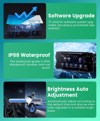 Motornavigatie, draadloos, CarPlay en Android auto via Moto, 6,86 inch HD touchscreen, GPS-navigatie, IP68 waterdicht, Bluetooth, EQ, Assistente Siri/GOO-gle, TPMS