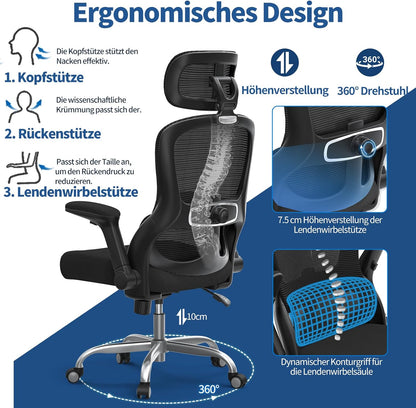 TRALT Bureaustoel, ergonomisch, gamingstoel met verstelbare hoofdsteun, lendensteun, bureaustoel, computerstoel voor grote mensen, mesh-stoel, 150 kg, zwart