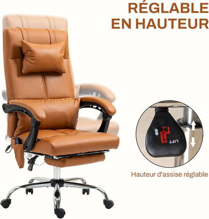 Vinsetto Bureaustoel met massagefunctie, ergonomische managersstoel met verwarming, ligfunctie, lendensteun en hoofdkussen, in hoogte verstelbare draaistoel met kantelfunctie, voetensteun, bruin