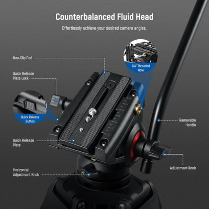 NEEWER 74 inch Pro videostatief met vloeistofkop, robuust aluminium statief met 360° draaibare en 160° kantelkop, QR-plaat compatibel met Manfrotto 501, diameter 75 mm schotelbasis voor DSLR-camera,