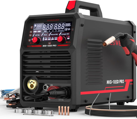 YESWELDER 185A MIG MAGLasser, Flux Core MIG/Gas MIG/Spoolpistool MIG/Lift TIG/Stick 6 in 1 Multi-proces Aluminium Lasmachine, Digitaal LED Display Synergische Besturing 230V
