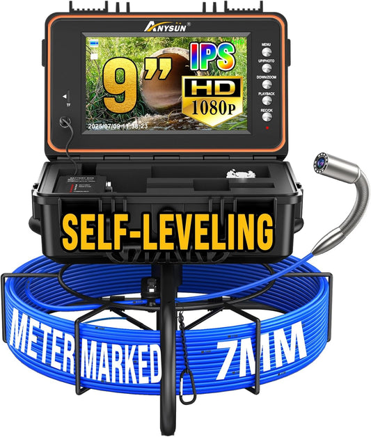 Anysun Inspectiecamera met zelfnivellering, 1080P, endoscoopcamera, waterdicht, IP68, 23 mm, IPS-display, 7 mm kabel met metrische markeringen, 5100 mAh, loodgieter-inspectie-gereedschap (50 m)