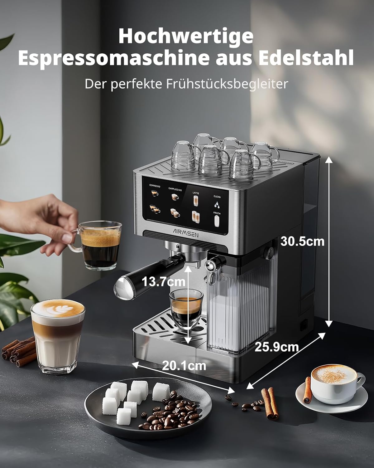 AIRMSEN Espressomachine 20 Bar – Cappuccino & Latte Machine, Dubbelboiler Koffiemachine (1350W & 1000W), Extractie in 15s, Roestvrij Staal, Afneembaar Waterreservoir 1,8L, Touchscreen