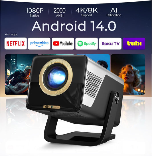 2026 Nieuwe 2000ANSI beamer Smart Projector Full HD Native 1080P Android14 ingebouwde apps Autofocus / Keystone 4K ondersteund, projector thuisbioscoop WiFi6 en Bluetooth 5.4, voor iOS/Switch/PS5