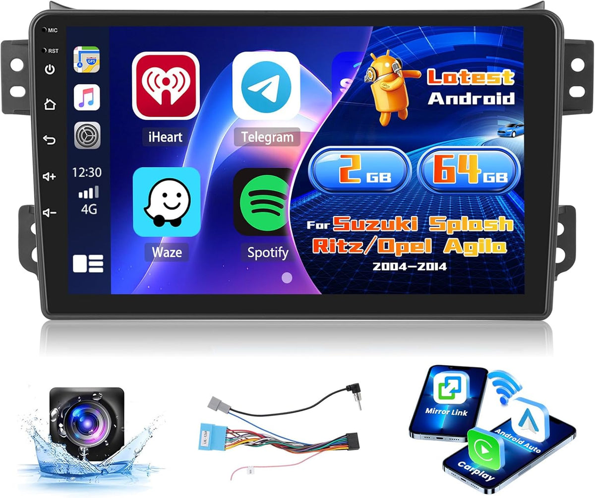 2+64G Radio voor Suzuki Splash Ritz/Opel Agila 2004-2014 Android met Wireless CarPlay Android Auto, 9 Inch Autoradio Bluetooth WIFI 26UI GPS FM EQ SWC AHD Achteruitrijcamera
