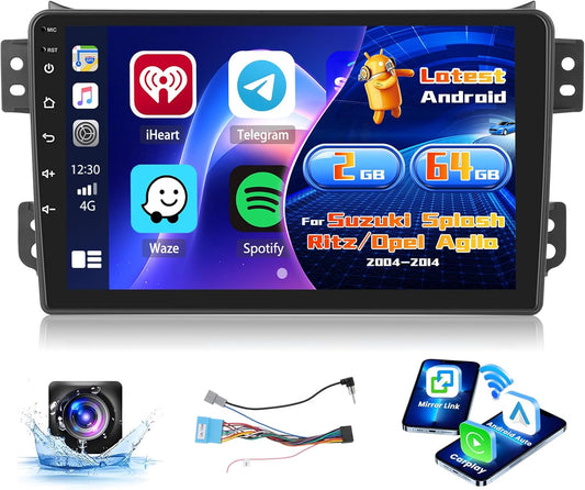 2+64G Radio voor Suzuki Splash Ritz/Opel Agila 2004-2014 Android met Wireless CarPlay Android Auto, 9 Inch Autoradio Bluetooth WIFI 26UI GPS FM EQ SWC AHD Achteruitrijcamera