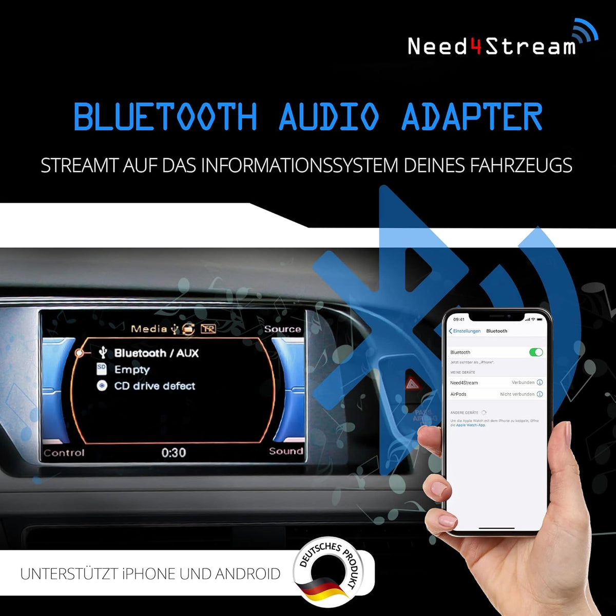 Bluetooth audio-interface voor auto met AUX-aansluiting – Bluetooth audio adapter – Bluetooth muziekadapter – Bluetooth adapter – Bluetooth muziekstreamer – Automatische koppeling bij starten – Titel- en artiestweergave op display