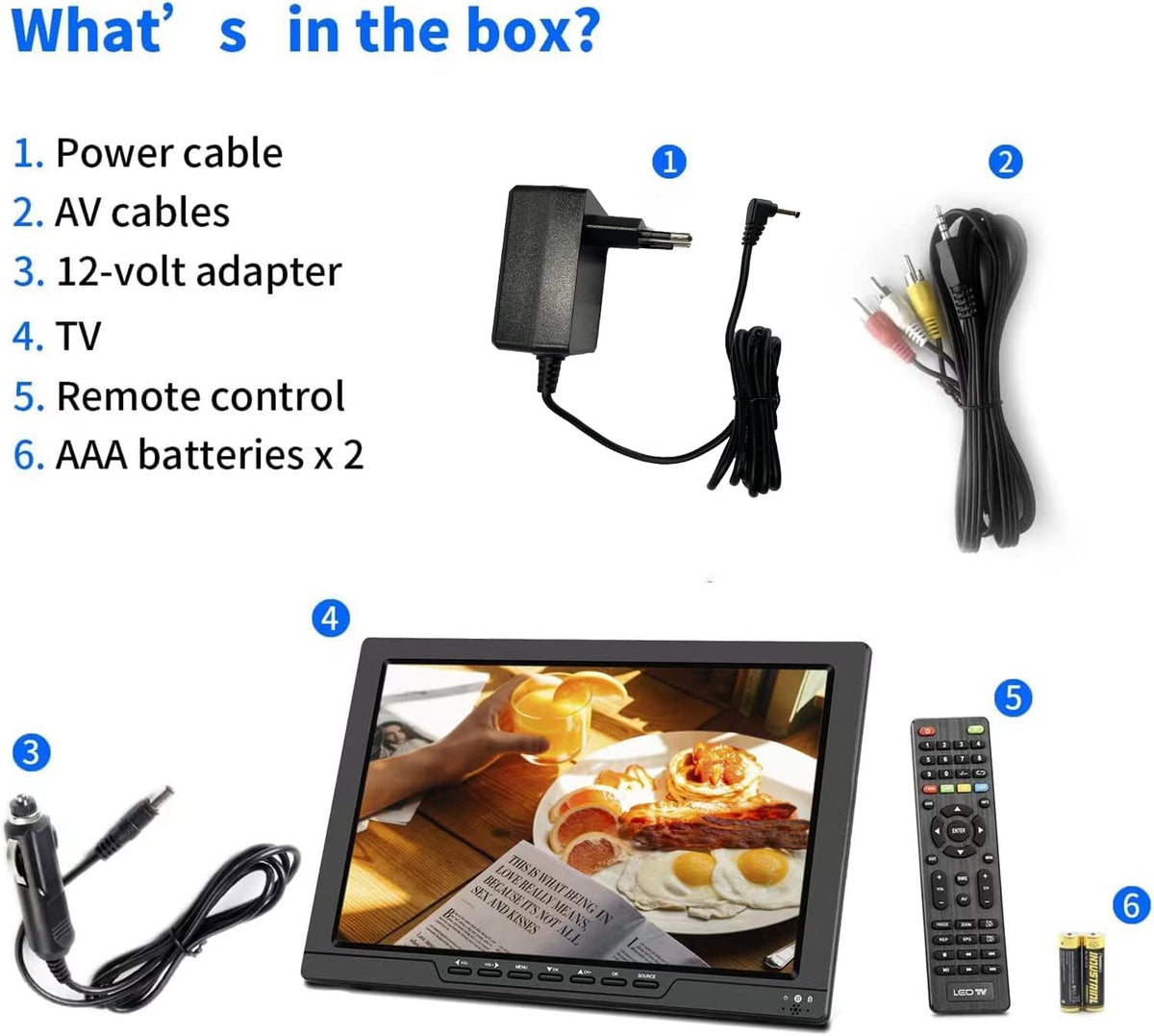 KCR 14" Met digitale TV tuner DVB-T2/batterij draagbare TV, USB, HDMI IN voor auto, caravan, camping, buiten. Kleur zwart