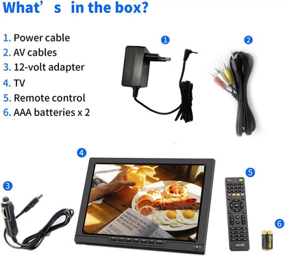 KCR 14" Met digitale TV tuner DVB-T2/batterij draagbare TV, USB, HDMI IN voor auto, caravan, camping, buiten. Kleur zwart